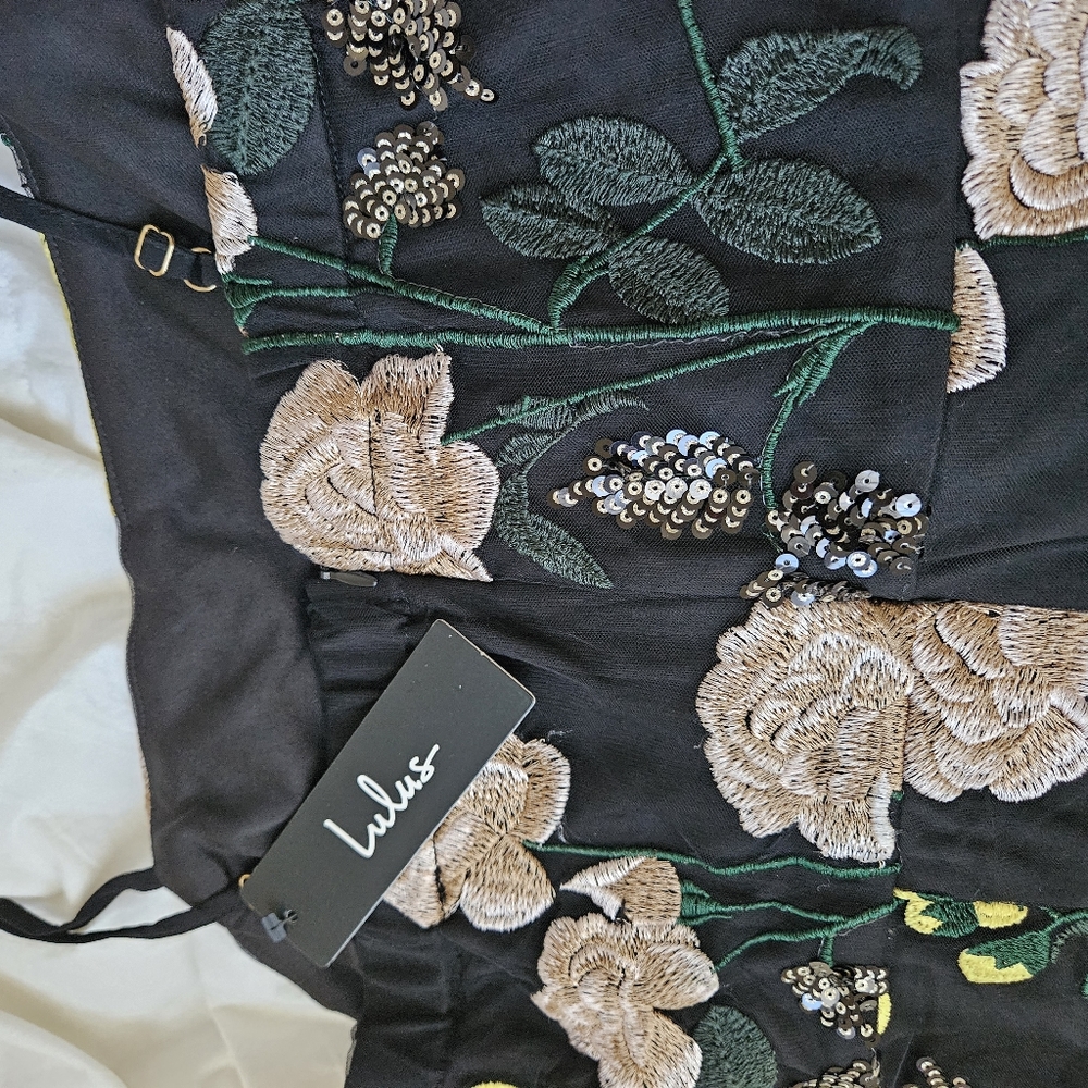 Lulu's Black Mini Dress with Yellow & Blush Floral Embroidery - Picture 6 of 7